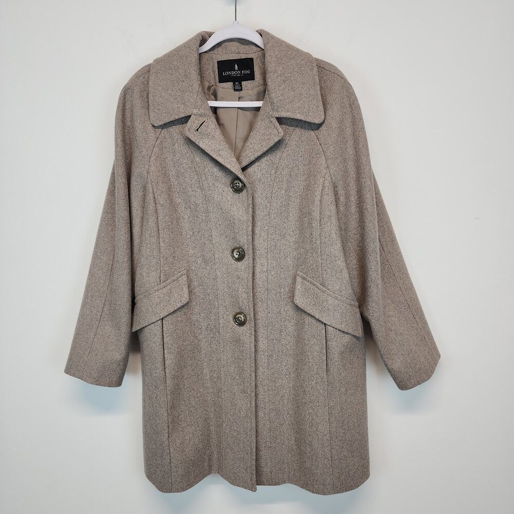 London Fog Womens Peacoat XL Beige Wool Blend Notch Collar Single Breast Neutral